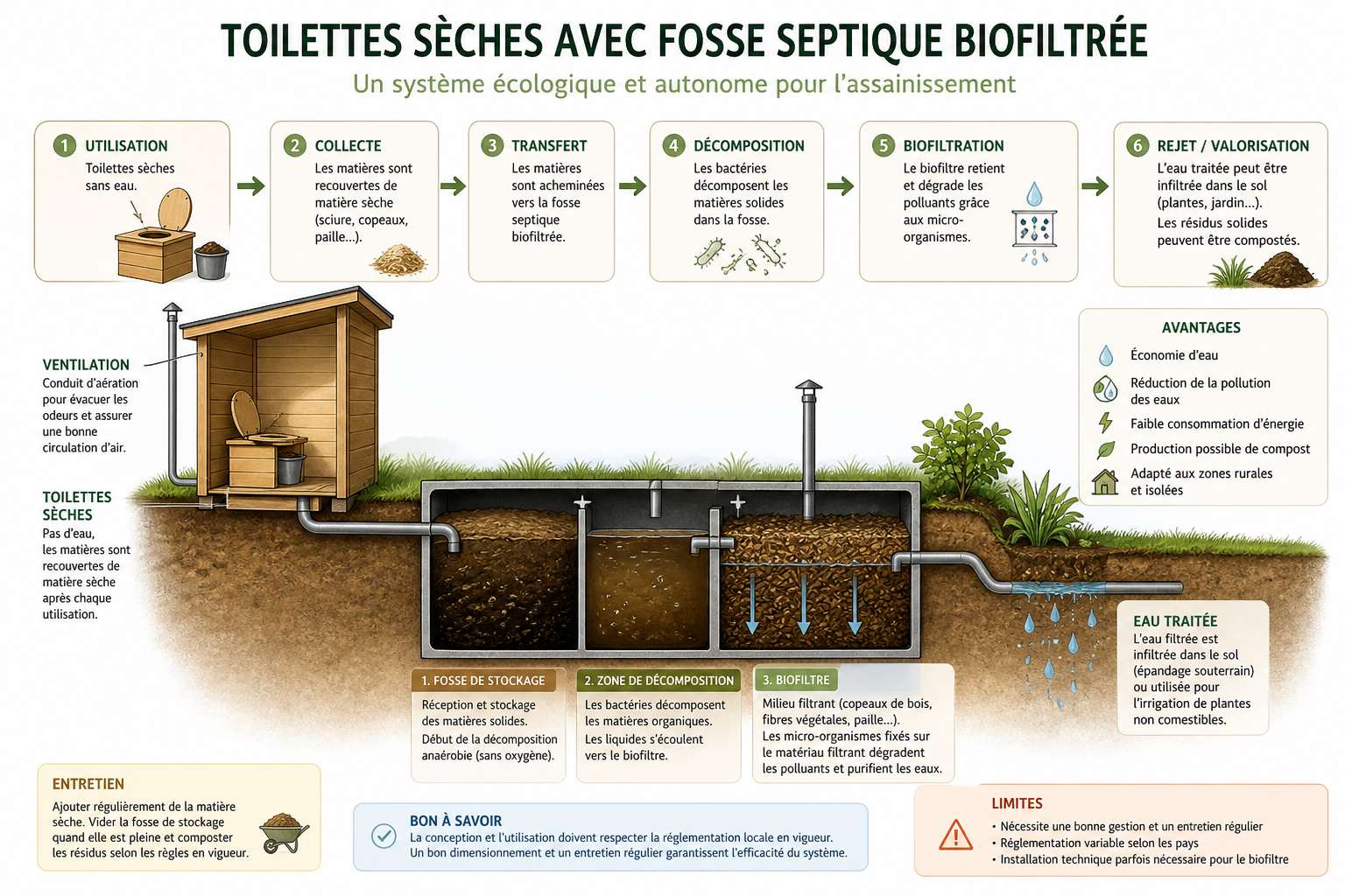 Toilettes sèches avec une fosse septique biofiltre